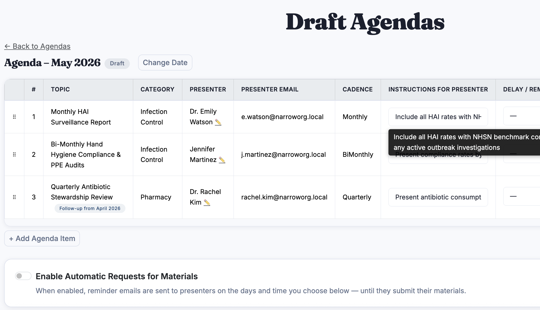 Draft agendas